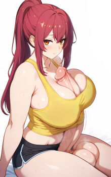 1futa autopaizuri between_breasts blush breasts closed_mouth cowboy_shot dolphin_shorts erection futanari highres huge_penis large_breasts large_testicles long_hair looking_to_the_side masturbation orange_eyes original paizuri penis ponytail red_hair shorts sidelocks sitting solo tank_top testicles thighs uncensored veins veiny_penis white_background yellow_tank_top zoryc