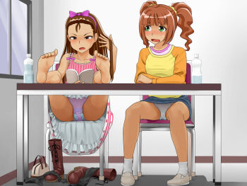 2girls barefoot blush boots unworn_boots brown_hair feet feet_on_table green_eyes hairband idolmaster idolmaster_(classic) long_hair menstrual_pad minase_iori multiple_girls open_mouth panties pantyshot reading skirt soles source_request takatsuki_yayoi toes tsupan underwear
