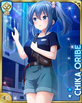 1girl bare_arms bare_legs blue_eyes blue_hair blue_shirt blue_shorts card_(medium) character_name frowning girlfriend_(kari) indoors looking_at_viewer night official_art oribe_chika qp:flapper shirt shorts solo standing