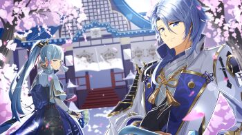 1boy 1girl absurdres armor asymmetrical_armor ayaka_(genshin_impact) blue_eyes blue_hair blunt_bangs blunt_tresses brother_and_sister cherry_blossoms commentary_request dutch_angle eiryu33 falling_petals folding_fan genshin_impact hair_between_eyes hair_ribbon hand_fan highres holding holding_fan kamisato_ayato long_hair long_sleeves looking_at_viewer mole mole_under_mouth petals ponytail ribbon short_hair siblings tress_ribbon