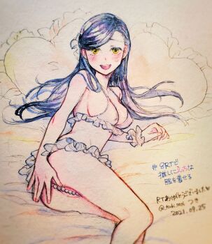 1girl ass beads bikini black_hair breasts commentary_request covered_erect_nipples dated frilled_bikini frills half_updo hitsuki_(hiidukii) honzuki_no_gekokujou long_hair lying medium_breasts myne_(honzuki_no_gekokujou) on_side open_mouth partially_visible_vulva pillow presenting presenting_ass single_wrist_cuff solo sweatdrop swimsuit tongue traditional_media translation_request twitter_username watercolor_pencil_(medium) wrist_cuffs yellow_eyes