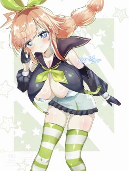 1girl :3 absurdres alternate_breast_size_(larger) azur_lane black_gloves black_sailor_collar blue_eyes blush bow breasts cleavage closed_mouth commentary_request commission gloves green_bow green_neckerchief green_thighhighs hair_bow highres huge_breasts neckerchief orange_hair s0m3thin_gr33n sailor_collar signature skeb_commission skindentation solo sparkle star-shaped_pupils star_(symbol) striped_clothes striped_thighhighs symbol-shaped_pupils thighhighs white_thighhighs william_d._porter_(azur_lane) zettai_ryouiki