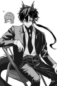 1boy 1girl absurdres arm_rest belt chair chibi chibi_inset commentary dan_heng_(honkai:_star_rail) dan_heng_(lurking)_(honkai:_star_rail) dan_heng_(permansor_terrae)_(honkai:_star_rail) dragon_boy dragon_horns dragon_tail earclip feet_out_of_frame folding_chair greyscale hair_between_eyes hand_on_own_knee headset highres honkai:_star_rail honkai_(series) horns jacket long_hair long_sleeves looking_at_viewer male_focus monochrome official_alternate_costume on_chair pants parted_lips pointy_ears ponytail shirt simple_background sitting solo_focus stelle_(honkai:_star_rail) tail trailblazer_(honkai:_star_rail) umenki9