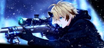 1boy aiming black_gloves black_jacket blonde_hair blue_eyes brown_hair chung_seiker elsword fatal_phantom_(elsword) fractalmagnolia from_side gloves gun hair_between_eyes highres holding holding_gun holding_weapon hood hood_down hooded_jacket ice ice_cube jacket long_sleeves male_focus mouth_hold multicolored_hair outdoors profile rifle sniper sniper_rifle snowing solo upper_body weapon