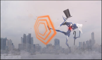 1other 2016 3d angel_(evangelion) armor artist_name at_field beak bird blue_skin boat bone_mask building cane chest_jewel city cityscape cloud cloudy_sky colored_skin commentary dancing dated day elbow_spikes english_commentary fog gem giant glowing glowing_gem hat holding holding_cane kaiju looney_tunes michigan_j_frog miziful neon_genesis_evangelion no_humans ocean outdoors parody pinky_out pose_imitation radio_antenna red_gemstone ribs sachiel_(evangelion) science_fiction ship shoulder_armor sky skyscraper solo spikes standing standing_on_one_leg top_hat warner_bros. water watercraft