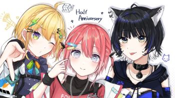 3girls :p ahoge aisaka_siu animal_ear_piercing animal_ears anniversary bandaid bandaid_hair_ornament belt_collar black_collar black_hair black_ribbon black_shirt black_sleeves black_vest blonde_hair blue_eyes blue_hair blue_shirt blush bow bowtie braid breasts brown_eyes chain chain_necklace chest_harness closed_mouth clothes_writing collar collarbone colored_inner_hair commentary_request company_logo cropped_vest crown_braid detached_sleeves double-parted_bangs drop_shadow english_text engrish_text foreshortening frilled_shirt frills gradient_hair green_eyes gyaru_v hair_between_eyes hair_intakes hair_ornament hair_ribbon hairclip halftone halftone_background hand_up harness heart jacket jewelry kozuya_nano layered_shirt leaning_to_the_side lightning_bolt lightning_bolt_hair_ornament lightning_bolt_symbol long_hair long_sleeves looking_at_viewer medium_breasts megaphone multicolored_bow multicolored_bowtie multicolored_eyes multicolored_hair multiple_girls necklace notice_lines o3o oboro_koma one_eye_closed open_clothes open_jacket outstretched_arm pendant_collar piercing pink_hair pointing pointing_at_self portrait purple_eyes purple_shirt raised_eyebrows ranguage red_hair red_shirt ribbon shirt short_hair sidelocks simple_background single_off_shoulder sleeveless sleeveless_shirt smile sparkle sparkling_aura specialite_(company) streaked_hair thick_eyelashes tongue tongue_out tongue_piercing triangle_hair_ornament turning_head two_side_up v vest virtual_youtuber white_background white_hair white_jacket wolf wolf_ears wolf_girl yuuka_(yuka_chan2525)