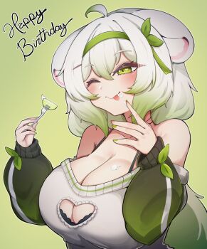 1girl ahoge animal_ears black_bra blush bra breasts cleavage cleavage_cutout clothing_cutout cream cream_on_breasts cream_on_face eating ferret_ears ferret_girl ferret_tail food food_on_face fort fruit gradient_hair green_background green_eyes green_hair green_nails hair_between_eyes hair_ornament hairband heart_cutout highres huge_breasts jewelry large_breasts lime_(fruit) lime_slice limealicious long_sleeves multicolored_hair necklace one_eye_closed sae_art sweater tongue tongue_out twintails underwear vinesauce virtual_youtuber white_hair white_sweater