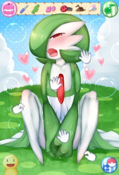 10s 1girl blush bob_cut bubble cloud colored_skin covering_crotch covering_privates cursor dildo disembodied_hand dress egg_vibrator female_focus gardevoir gen_3_pokemon grass green_hair green_skin heads-up_display heart highres multicolored_skin musical_note nintendo no_humans on_grass open_mouth petting pill poke_ball_symbol pokemon pokemon-amie pokemon_(creature) pokemon_xy red_eyes rope sex_toy solo tagme two-tone_skin user_interface vibrator white_dress white_skin yu_yun