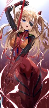 Rule 34 | 1girl, @shun, absurdres, blue eyes, bodysuit, breasts, cameltoe, evangelion: 3.0+1.0 thrice upon a time, eyepatch, highres, interface headset (evangelion), light brown hair, long hair, looking at viewer, mecha pilot suit, medium breasts, neon genesis evangelion, open mouth, plugsuit (evangelion), rebuild of evangelion, skin tight, solo, souryuu asuka langley, thighs, two side up