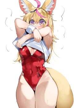 1girl absurdres animal_ears blonde_hair blush breasts clothes_lift commentary_request covered_navel cowboy_shot fox_ears fox_girl fox_tail highres hololive leotard lifting_own_clothes long_hair looking_at_viewer multicolored_hair omaru_polka pink_streaks purple_eyes red_leotard shirt_lift simple_background solo standing strapless strapless_leotard streaked_hair tail tsushi undressing virtual_youtuber white_background white_wrist_cuffs wrist_cuffs