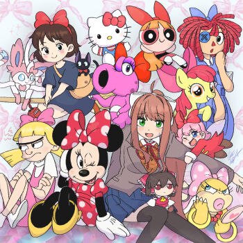 6+girls apple_bloom birdo black_cat blonde_hair blossom_(ppg) blue_eyes blue_ribbon blush_stickers bow broom broom_riding brown_hair button_eyes buttons cat cat_girl child chris-thekid commentary crossover doki_doki_literature_club dress english_commentary fairy fumo_(doll) gen_6_pokemon green_eyes hair_ribbon hakurei_reimu helga_g_pataki hello_kitty_(character) hey_arnold! highres horse hug jiji_(majo_no_takkyuubin) kiki_(majo_no_takkyuubin) kirby_(series) majo_no_takkyuubin mario_(series) mickey_mouse_&amp;_friends minnie_mouse monika_(doki_doki_literature_club) mouse_(animal) multiple_girls my_little_pony my_little_pony:_friendship_is_magic nintendo official_style one_eye_closed orange_eyes orange_hair pink_bow pink_hair pokemon pokemon_(creature) polka_dot polka_dot_bow polka_dot_dress pony_(animal) ponytail powerpuff_girls ragatha_(the_amazing_digital_circus) ragdoll red_bow red_eyes red_ribbon ribbon ribbon_(kirby) sanrio short_twintails smile sweatdrop sylveon the_amazing_digital_circus touhou trait_connection twintails unibrow wendy_o._koopa white_bow witch yellow_fur
