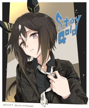 1girl adjusting_clothes adjusting_necktie animal_ears brown_eyes brown_hair character_name collared_shirt commentary_request ear_covers head_tilt highres horse_ears horse_girl jacket long_hair long_sleeves looking_at_viewer low_ponytail necktie parted_lips ponytail shirt solo stay_gold_(umamusume) twitter_username uma_motiyodor umamusume white_hair