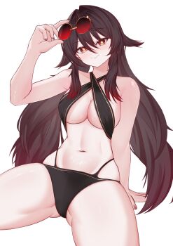 1girl absurdres bare_shoulders bikini black_bikini breasts brown_hair cleavage eyewear_on_head fingernails genshin_impact highres hu_tao_(genshin_impact) long_hair looking_at_viewer nail_polish navel notporred pretzel_bikini red_eyes red_nails round_eyewear simple_background sitting smile solo sunglasses swimsuit thighs