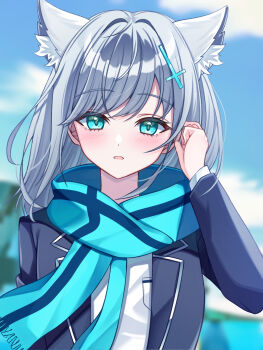 1girl animal_ear_fluff animal_ears blazer blue_archive blue_eyes blue_jacket blue_scarf blue_sky blush cloud commentary cross cross_hair_ornament eyelashes grey_hair hair_ornament hand_in_own_hair hand_up highres jacket lapels long_hair long_sleeves looking_at_viewer notched_lapels open_clothes open_jacket open_mouth outdoors pochi_(pochikoro3987) scarf school_uniform shiroko_(blue_archive) shirt sky solo upper_body white_shirt wolf_ears wolf_girl
