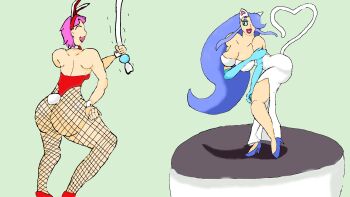 2girls alternate_costume alternate_form animal_ears ass bare_arms bare_back bare_legs bare_shoulders blue_eyeshadow blue_gloves blue_hair body_control breasts capcom cat_ears cat_girl cat_tail choker cleavage closed_eyes commentary dancing darkstalkers demon_girl dress elbow_gloves english_commentary eyeshadow felicia_(darkstalkers) gloomy_puppet_show gloves green_background green_eyes hair_over_one_eye hand_on_own_hip hand_on_own_shoulder heart heart_tail high_heels highres holding holding_rope knee_up large_breasts leg_up lilith_(darkstalkers) lipstick long_hair looking_at_another makeup multiple_girls open_mouth pantyhose playboy_bunny pulling purple_hair rabbit_ears rabbit_tail rope short_hair skin_tight smile stage tail transformation white_dress wrist_cuffs zenguini