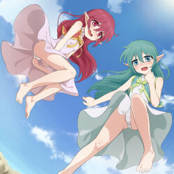 Rule 34 | 2girls, bare shoulders, barefoot, blue sky, blush, breasts, cloud, commentary request, commission, dress, embarrassed, flying, from below, green eyes, green hair, highres, long hair, looking at viewer, multiple girls, nanina (nijnan), open mouth, outdoors, panties, pantyshot, pointy ears, red eyes, red hair, skeb commission, sky, small breasts, sylph (tales), tales of (series), tales of phantasia, tales of phantasia: narikiri dungeon x, toes, underwear, white panties