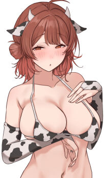 1girl ahoge animal_ears animal_print bikini blush breasts cleavage collarbone cow_ears cow_horns cow_print cow_print_bikini fake_animal_ears gakuen_idolmaster hair_bun hanami_ume highres horns idolmaster looking_at_viewer medium_hair namagaki_namero navel print_bikini red_eyes red_hair simple_background single_side_bun solo stomach swimsuit upper_body white_background
