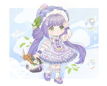 1girl :o apron argyle_clothes argyle_dress baguette bare_shoulders basket blue_sky blunt_bangs border bow bowtie bread bubble chibi chinese_commentary cloud collar commentary_request commission country_lolita day detached_collar detached_sleeves dot_nose dress dress_bow eyelashes floral_print food footwear_bow frilled_dress frilled_headwear frilled_sleeves frilled_socks frilled_wrist_cuffs frills green_eyes hair_intakes hair_ornament hairclip hand_on_own_head hat hat_bow high_heels holding holding_basket infinity_nikki instantaneousness kneehighs lolita_fashion medium_dress mob_cap nikki_(series) open_mouth outdoors outside_border parallel_hairclips pink_bow print_apron print_socks puffy_short_sleeves puffy_sleeves pumps purple_bow purple_bowtie purple_dress purple_hat purple_shoes purple_wrist_cuffs ribbon-trimmed_dress ribbon_trim sample_watermark shoes short_sleeves sky sleeveless sleeveless_dress socks solo square_neckline standing striped_bow tareme waist_apron watermark whispers_of_bliss_(infinity_nikki) white_apron white_border white_collar white_sleeves white_socks wrist_cuffs