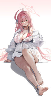1girl :o absurdres ahoge barefoot bikini blue_archive blush braid breasts cleavage collared_shirt commentary feet green_eyes halo halterneck hanako_(blue_archive) hanako_(swimsuit)_(blue_archive) highres huge_ahoge knee_up large_breasts long_hair long_sleeves open_mouth pink_bikini pink_hair pink_halo saibashi_(develop_komono) see-through_clothes see-through_shirt shirt side_braid simple_background sitting soles solo swimsuit thighs wet wet_clothes wet_shirt white_background white_shirt