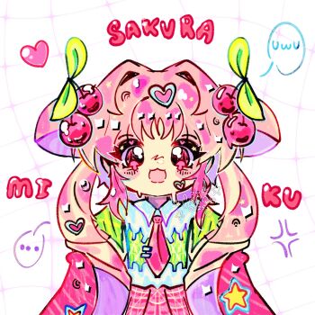 ... 1girl blue_shirt character_name cherry_hair_ornament cirsqn commentary cowboy_shot food-themed_hair_ornament hair_ornament hatsune_miku heart heart_hair_ornament highres long_hair looking_at_viewer necktie open_mouth pink_eyes pink_hair pink_necktie pink_skirt sakura_miku shirt skirt smile solo spoken_ellipsis straight-on uwu vocaloid white_background