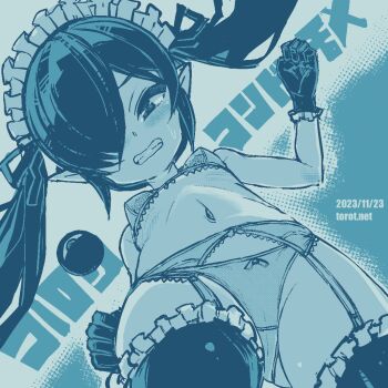 1girl backbeako_(torotei) backbeard blush bow bow_panties bra breasts clenched_hands clenched_teeth commentary_request dated dated_commentary female_focus frilled_thighhighs frills from_below garter_belt gegege_no_kitarou gloves hair_over_one_eye hair_ribbon kono_lolicon_domome loli long_hair looking_at_viewer looking_down maid_headdress monochrome navel original paid_reward_available panties pointy_ears ribbon simple_background small_breasts solo sweatdrop teeth thighhighs thighs torotei translated twintails underwear underwear_only watermark web_address