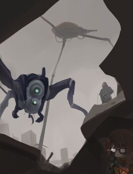 1boy 1girl absurdres adjusting_eyewear black-framed_eyewear blunt_bangs braid brown_hair combine_soldier commentary_request crowbar dokomon genderswap genderswap_(mtf) glasses glint gordon_freeman grey_sky gun half-life half-life_(series) half-life_2 hev_suit highres holding holding_crowbar holding_gun holding_weapon hunter_(half-life) korean_commentary long_hair opaque_glasses outdoors robot ruins side_braid sky strider upper_body weapon