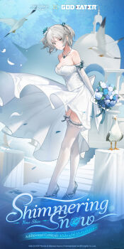 1girl aether_gazer artist_request bird blue_flower blue_rose bouquet breasts ciel_alencon closed_mouth commentary copyright_notice detached_sleeves dress english_commentary falling_petals flower god_eater grey_eyes grey_hair grey_shoes high_heels highres holding holding_bouquet jewelry necklace official_art petals rose seagull shoes short_hair solo strapless strapless_dress thighhighs white_dress white_flower white_rose white_sleeves white_thighhighs