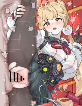 1boy 1girl :o absurdres alice_thymefield animal_ears bar_censor black_skirt blonde_hair blush breasts censored commentary daram_(shappydude) fingerless_gloves gloves hair_ornament hand_on_own_leg hetero heterochromia highres indoors large_breasts large_variant_set long_hair open_mouth orange_eyes pantyhose penis pleated_skirt red_eyes revision sex shirt skirt sphere_hair_ornament split standing standing_on_one_leg standing_sex standing_split sweat torn_clothes torn_pantyhose vaginal variant_set white_shirt zenless_zone_zero