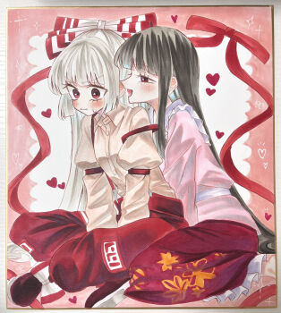 2girls blush boots bow brown_hair closed_mouth collared_shirt commentary_request footwear_bow frilled_skirt frills fujiwara_no_mokou grey_hair grey_shirt hair_bow highres houraisan_kaguya long_hair long_sleeves multiple_girls ofuda ofuda_on_clothes open_mouth pants photo_(medium) pink_shirt red_boots red_eyes red_pants red_skirt shikishi shirt sitting skirt smile suspenders sweatdrop tamiko_(tamik0224) touhou traditional_media very_long_hair whispering_in_ear yuri