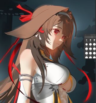 1girl armlet art_program_in_frame bare_shoulders breasts brown_hair china_dress chinese_clothes closed_mouth clover clover_hair_ornament commentary dress droopy_ears elfe_art english_commentary from_side hair_ornament hairband jewelry long_hair medium_breasts red_eyes see-through_clothes silver_armlet solo unfinished upper_body very_long_hair white_dress white_hairband ye_shunguang zenless_zone_zero