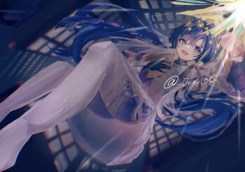 Rule 34 | :d, absurdres, ass, black gloves, blonde hair, blue eyes, blue hair, colored inner hair, commentary, dress, english commentary, feet out of frame, gloves, gradient pantyhose, hair intakes, hair ornament, highres, holding record, juliet sleeves, kokoshnik, long hair, long sleeves, multicolored hair, open mouth, outstretched arm, pantyhose, print pantyhose, puffy sleeves, reiro (0ro 168), reverse:1999, single glove, smile, sparkling eyes, star (symbol), star hair ornament, starry sky print, twitter username, upskirt, very long hair, voyager (choir of the stars) (reverse:1999), voyager (reverse:1999), voyager golden record, white dress, white pantyhose