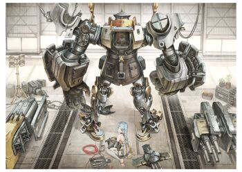 1girl absurdres adjustable_wrench ahoge ammunition_pouch bangboo_(zenless_zone_zero) bare_shoulders blue_eyes blue_hair braid braided_ponytail cable closed_mouth clothing_cutout cockpit commentary_request detached_sleeves feet flower_hairpin from_behind full_body hair_ornament hairpin highres holding humanoid_robot indoors joints long_hair looking_at_viewer looking_back mecha mechanical_arms mechanical_hands mechanical_legs mercury_(zenless_zone_zero) mole mole_on_shoulder nihoshi_(bipedal_s) plant potted_plant pouch robot robot_joints seed_(zenless_zone_zero) seed_sr. side_cutout sitting stirrup_legwear thigh_cutout toeless_legwear toes tools wariza wrench zenless_zone_zero