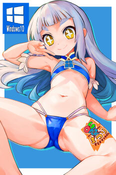 +_+ 1girl absurdres bikini blue_bikini blue_hair cameltoe commentary flat_chest grey_hair groin highres loli long_hair looking_at_viewer microsoft_windows mixed-language_commentary multicolored_hair navel os-tan personification smile solo spread_legs swimsuit thick_eyebrows tsukiyono_aroe two-tone_hair v windows_10 yellow_eyes