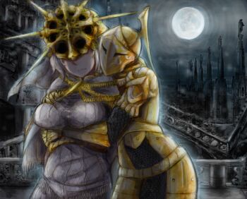 2girls arm_under_breasts breasts covered_eyes dark_souls_(series) dark_souls_i dark_sun_gwyndolin darkmoon_knightess dress fromsoftware full_moon genderswap genderswap_(mtf) highres hug hug_from_behind large_breasts mask moon multiple_girls night outdoors robe sun_symbol uni_(oni_unicorn) veil white_dress white_hair white_robe yuri