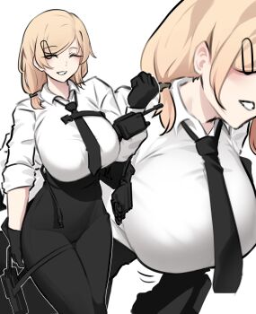 Rule 34 | 1girl, absurdres, black gloves, black necktie, black pants, bouncing breasts, breasts, bulletproof vest, collared shirt, gloves, hair ornament, hair over shoulder, hairclip, hanging breasts, high-waist pants, highres, holster, k0ng, large breasts, low ponytail, merc-san (k0ng), motion lines, necktie, one eye closed, original, pants, parted bangs, ponytail, radio, shirt, sidelocks, simple background, smile, solo, thigh holster, undressing, white background, white shirt, yellow eyes