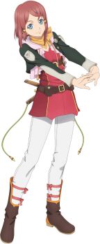 Rule 34 | 1girl, artist request, bandana, belt, black jacket, blue eyes, boots, breasts, brown belt, brown boots, closed mouth, dagger, dress, full body, game cg, hair ornament, highres, jacket, knife, looking at viewer, medium breasts, official art, pants, pink hood, red dress, red hair, rose (tales), sheath, sheathed, short hair, smile, solo, standing, stretching, tales of (series), tales of asteria, tales of zestiria, third-party source, transparent background, weapon, white pants, yellow bandana