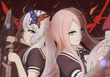 Rule 34 | >:), 2girls, absurdres, ahoge, assault lily, black bow, black ribbon, blurry, blurry background, bow, brown background, butterfly hair ornament, center frills, closed mouth, commentary request, cropped jacket, embers, frilled shirt, frills, from side, gradient background, grey hair, hair between eyes, hair ornament, hair ribbon, hairclip, hand up, hands up, highres, holding, holding shield, holding weapon, imagawa homare, kiko totori, long hair, looking at viewer, looking to the side, multiple girls, neck ribbon, one side up, parted bangs, pink hair, puffy short sleeves, puffy sleeves, purple eyes, ribbon, school uniform, shield, shirt, short sleeves, sleeve bow, smile, two-handed, upper body, v-shaped eyebrows, weapon, white shirt, yadoo, yurigaoka girls academy school uniform