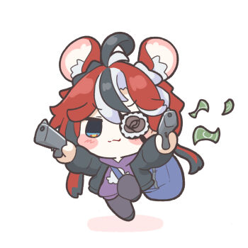 1girl ahoge animal_ears bag banknote black_hair blush_stickers chibi chibi_only commentary dual_wielding duffel_bag eyepatch flower_eyepatch full_body gun hakos_baelz hakos_baelz_(steel_rose) handgun highres holding holding_gun holding_weapon hololive hololive_english hololive_grand_theft_auto hood hoodie jacket long_sleeves money mouse_ears mouse_girl multicolored_hair red_hair short_hair_with_long_locks snowmya solo standing standing_on_one_leg streaked_hair symbol-only_commentary virtual_youtuber weapon white_background white_hair