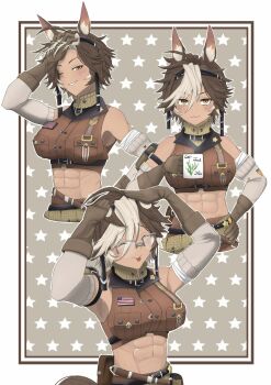 Rule 34 | 1girl, abs, ahoge, american flag, animal ear fluff, animal ears, arm pouch, belt, belt pouch, black belt, breast pocket, breasts, brown belt, brown gloves, brown hair, closed mouth, commentary, cropped shirt, cup, glasses, gloves, hair between eyes, highres, holding, holding cup, horse ears, horse girl, horse tail, indie virtual youtuber, multicolored hair, navel, one eye closed, pocket, pouch, racckun, semi-rimless eyewear, star (symbol), tail, tomoe umari, tongue, two-tone hair, virtual youtuber, white hair, yellow eyes
