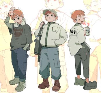 1boy alcohol alternate_costume arm_up bag baggy_clothes baseball_cap beer beer_can black_eyes black_shirt blue_pants boots brown_footwear brown_hair can charm_(object) chilchuck_tims closed_eyes contemporary drink_can dungeon_meshi full_body hand_in_pocket hat headphones headphones_around_neck highres holding holding_can jacket layered_clothes layered_sleeves long_sleeves looking_at_viewer looking_up male_focus multiple_views open_mouth pants parted_lips pocket print_shirt robodumpling shirt shoes short_over_long_sleeves short_sleeves shoulder_bag sneakers standing tongue white_footwear white_hat white_jacket white_shirt