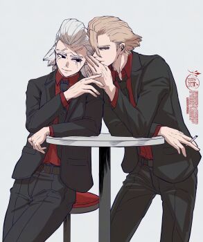 Rule 34 | 2boys, absurdres, belt, between fingers, black eyes, black jacket, black necktie, black pants, black suit, blonde hair, chair, cigarette, closed mouth, collared shirt, commentary request, dr. stone, formal clothes, grey background, grey hair, hair slicked back, highres, holding, holding cigarette, jacket, long sleeves, looking at another, male focus, medium hair, mitsuru (aica hikari), multiple boys, necktie, pants, red shirt, shirt, short hair, simple background, sitting, standing, stanley snyder (dr.stone), stool, suit, table, whispering, white background, xeno (dr.stone)