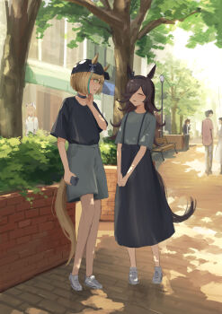 2boys 4girls 5girls absurdres alternate_costume animal_ears baseball_cap bench black_choker black_shirt black_skirt blonde_hair blush brick_wall brown_hair bush casual cellphone choker closed_eyes day ear_covers ears_through_headwear full_body green_eyes grey_shirt grey_shorts grey_skirt hair_over_one_eye hat high-waist_skirt highres holding holding_phone horse_ears horse_girl horse_tail lamppost looking_at_another multicolored_hair multiple_boys multiple_girls open_mouth outdoors park people phone rice_shower_(umamusume) seikatsu shirt shirt_tucked_in shoes short_hair short_sleeves shorts skirt smartphone smile sneakers standing streaked_hair suspender_skirt suspenders tail tail_wagging tree umamusume v_arms white_footwear