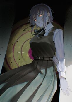 Rule 34 | 1girl, artist name, black dress, chainsaw man, collared shirt, commentary, dress, earrings, fami (chainsaw man), fourth east high school uniform, grey hair, highres, ice morinaka, jewelry, mole, mole under eye, mole under mouth, multiple moles, pinafore dress, ringed eyes, school uniform, shirt, sleeveless, sleeveless dress, solo, symbol-only commentary, target, white shirt, yellow eyes