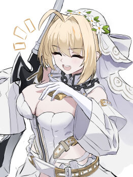 1girl absurdres aestus_estus ahoge bare_shoulders belt blonde_hair blush breasts chain cleavage closed_eyes commentary_request detached_collar detached_sleeves elbow_gloves fate/grand_order fate_(series) flower_wreath gloves hair_intakes head_wreath highleg highleg_leotard highres large_breasts leotard lock long_hair nero_claudius_(bride)_(fate) nero_claudius_(bride)_(second_ascension)_(fate) nero_claudius_(fate) open_mouth padlock puffy_sleeves smile solo sword veil weapon white_gloves white_leotard wide_sleeves yugusan5 zipper