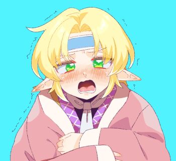 1girl blonde_hair blue_background blue_headband blush brown_jacket commentary_request cookie_(touhou) curtained_hair green_eyes headband jacket joker_(cookie) kakuyo_kun looking_at_viewer lower_teeth_only mizuhashi_parsee nose_blush open_mouth pointy_ears scarf short_hair simple_background solo teeth touhou trembling upper_body white_scarf