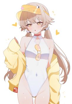 1girl absurdres averting_eyes blue_archive breasts casual_one-piece_swimsuit commentary cosplay covered_navel cowboy_shot double-parted_bangs flying_sweatdrops hair_between_eyes heart hifumi_(blue_archive) highleg highleg_one-piece_swimsuit highres jacket jacket_partially_removed long_hair long_sleeves low_twintails one-piece_swimsuit open_mouth seia_(blue_archive) seia_(blue_archive)_(cosplay) seia_(swimsuit)_(blue_archive) shusuchii simple_background small_breasts solo sunglasses swimsuit symbol-only_commentary twintails very_long_hair visor_cap white_background yellow_eyes yellow_jacket