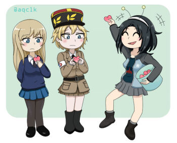 Rule 34 | 3girls, antennae, aqclk, asparagus (girls und panzer), basket, bc freedom military uniform, belt, belt buckle, black belt, black footwear, black hair, black hat, black necktie, black pantyhose, blonde hair, blue eyes, blue jacket, blue skirt, blue sweater, blush, boots, breasts, brown jacket, brown skirt, buckle, closed eyes, closed mouth, collared shirt, earl grey (girls und panzer), fake antennae, girls und panzer, girls und panzer phase erika, girls und panzer ribbon no musha, grey skirt, hairband, hat, heart, holding, holding basket, holding heart, jacket, keizoku military uniform, kepi, long hair, long sleeves, military hat, miniskirt, multiple girls, necktie, open clothes, open jacket, open mouth, pantyhose, school uniform, shirt, short hair, signature, skirt, smile, st. gloriana's school uniform, sweater, touko (girls und panzer), track jacket, undershirt, white hairband, white shirt