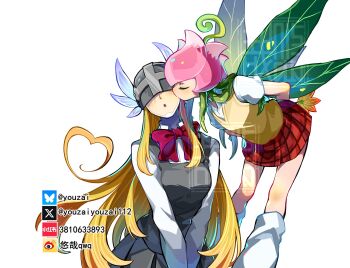 Rule 34 | 2girls, angewomon, blonde hair, bow, bowtie, breasts, brown vest, covered eyes, digimon, digimon (creature), dress, heart, heart-shaped hair, helmet, highres, kiss, kissing cheek, large breasts, lilimon, long hair, monster girl, multiple girls, red bow, red bowtie, red skirt, short hair, skirt, vest, wings, youzaiyouzai112