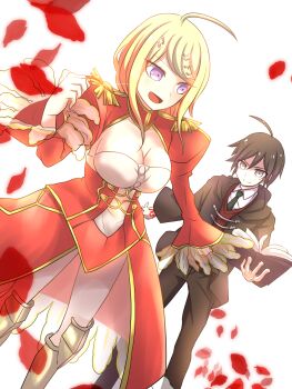 1boy 1girl ahoge akamatsu_kaede alternate_costume black_hair black_jacket blonde_hair book breasts cleavage collarbone command_spell cosplay danganronpa_(series) danganronpa_v3:_killing_harmony dress epaulettes fate/extra fate/grand_order fate_(series) flower fortissimo fujimaru_ritsuka_(male) fujimaru_ritsuka_(male)_(cosplay) fujimaru_ritsuka_(male)_(mage&#039;s_association_uniform) green_neckwear grey_eyes hair_between_eyes hair_ornament highres holding holding_book jacket large_breasts long_hair mage&#039;s_association_uniform musical_note musical_note_hair_ornament necktie nero_claudius_(fate) nero_claudius_(fate/extra) nero_claudius_(fate/extra)_(cosplay) official_alternate_costume open_book petals purple_eyes red_dress red_petals rose rose_petals saihara_shuichi short_hair simple_background white_background zi_huahuo
