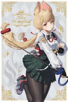 1girl absurdres alice_thymefield animal_ear_fluff animal_ears black_gloves black_pantyhose blonde_hair breasts character_name chest_bow closed_mouth commentary commentary_request english_commentary fingerless_gloves floral_print gloves green_skirt grey_background hair_ornament heterochromia highres holding holding_sword holding_weapon karome_631 leg_up long_hair looking_at_viewer low_twintails medium_breasts mixed-language_commentary pantyhose rabbit_ears rabbit_girl red_eyes shirt shoes skirt smile solo sparkle sphere_hair_ornament sword twintails weapon white_shirt white_shoes yellow_eyes zenless_zone_zero